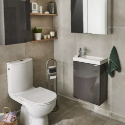 GoodHome Imandra Gloss Anthracite 1 Door Wall-mounted Bathroom Basin Cloakroom Unit (W)440mm (H)550mm -Trade Point Store goodhome imandra gloss anthracite 1 door wall mounted bathroom basin cloakroom unit w 440mm h 550mm5059340018836 01i BQ