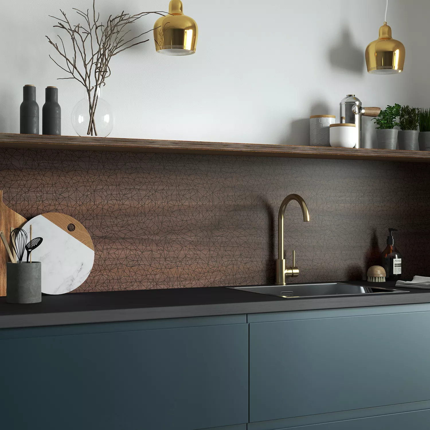 Splashwall Alloy Brown Walnut Geometric Aluminium Splashback, (H)800mm (W)600mm (T)4mm 2 Splashwall Alloy Brown Walnut Geometric Aluminium Splashback, (H)800mm (W)600mm (T)4mm - Image 2