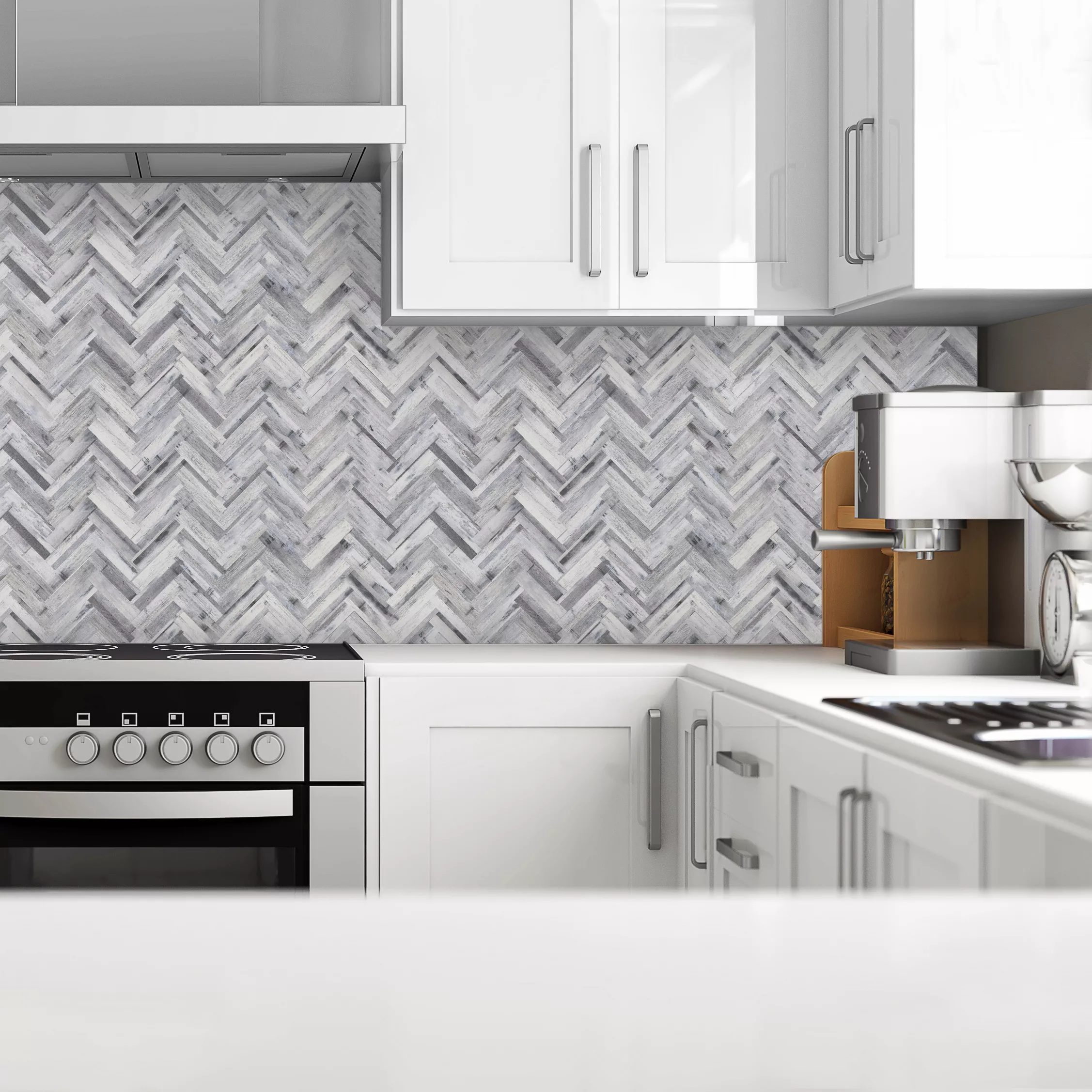 Splashwall Matt Grey & White Herringbone MDF Splashback, (H)600mm (W)2440mm (T)10mm 2 Splashwall Matt Grey & White Herringbone MDF Splashback, (H)600mm (W)2440mm (T)10mm - Image 2